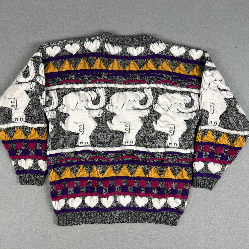 VTG Dancing Elephants Hearts Sweater Fits M/L 1990s Knit Acrylic Fairy Kei Kawai - Picture 2 of 9
